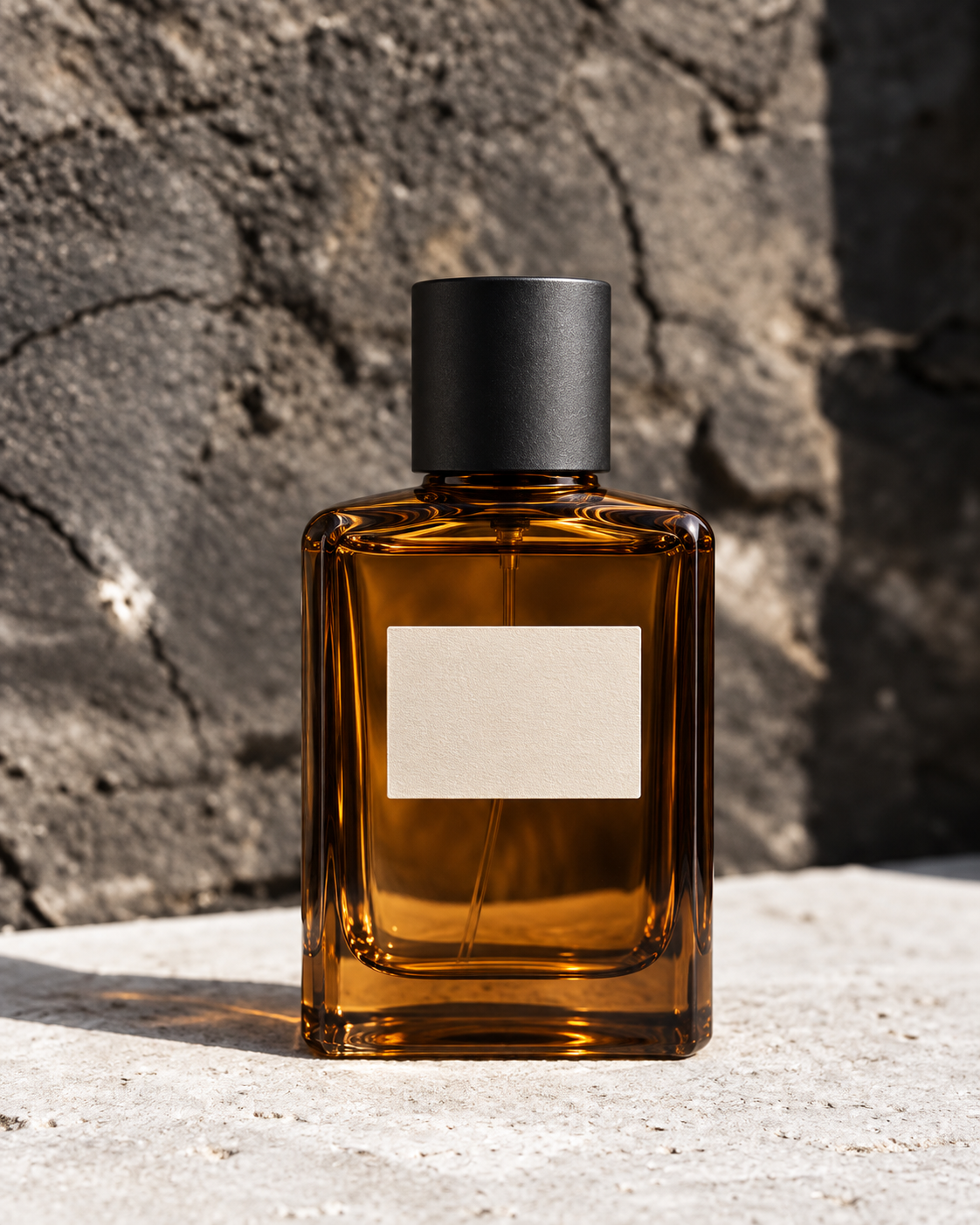 Illustrative unbranded cologne bottle on a stone ledge