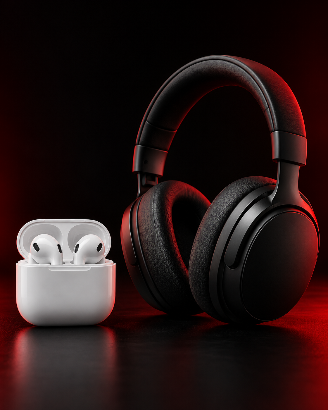 Illustrative wireless earbuds and over-ear headphones