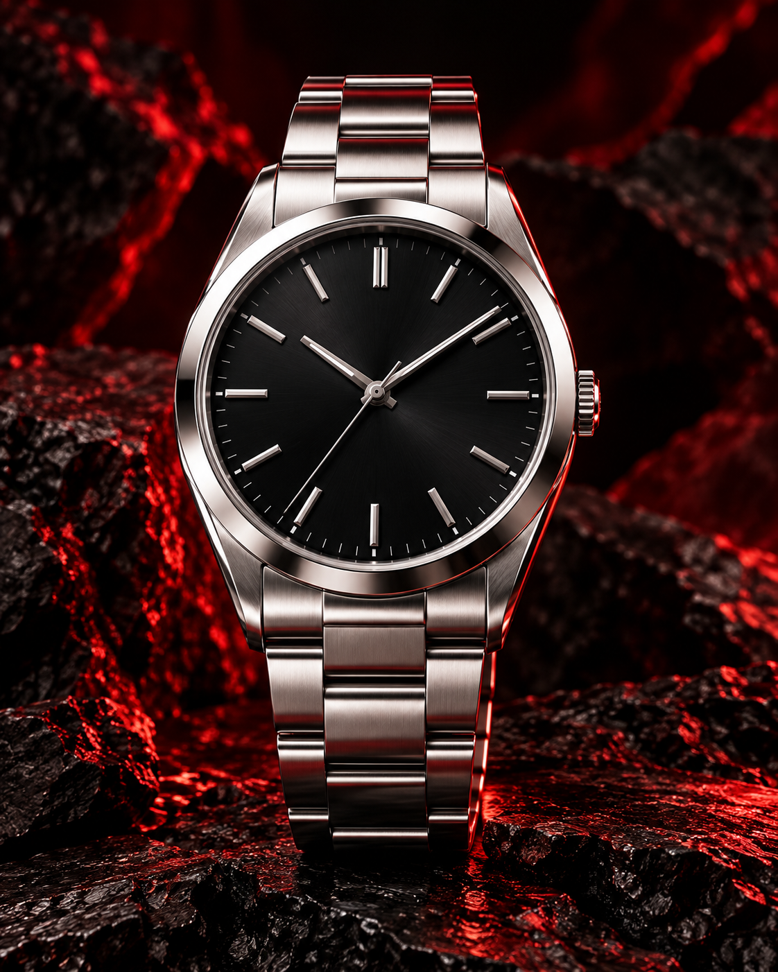 Illustrative unbranded steel watch matching the front-page collage